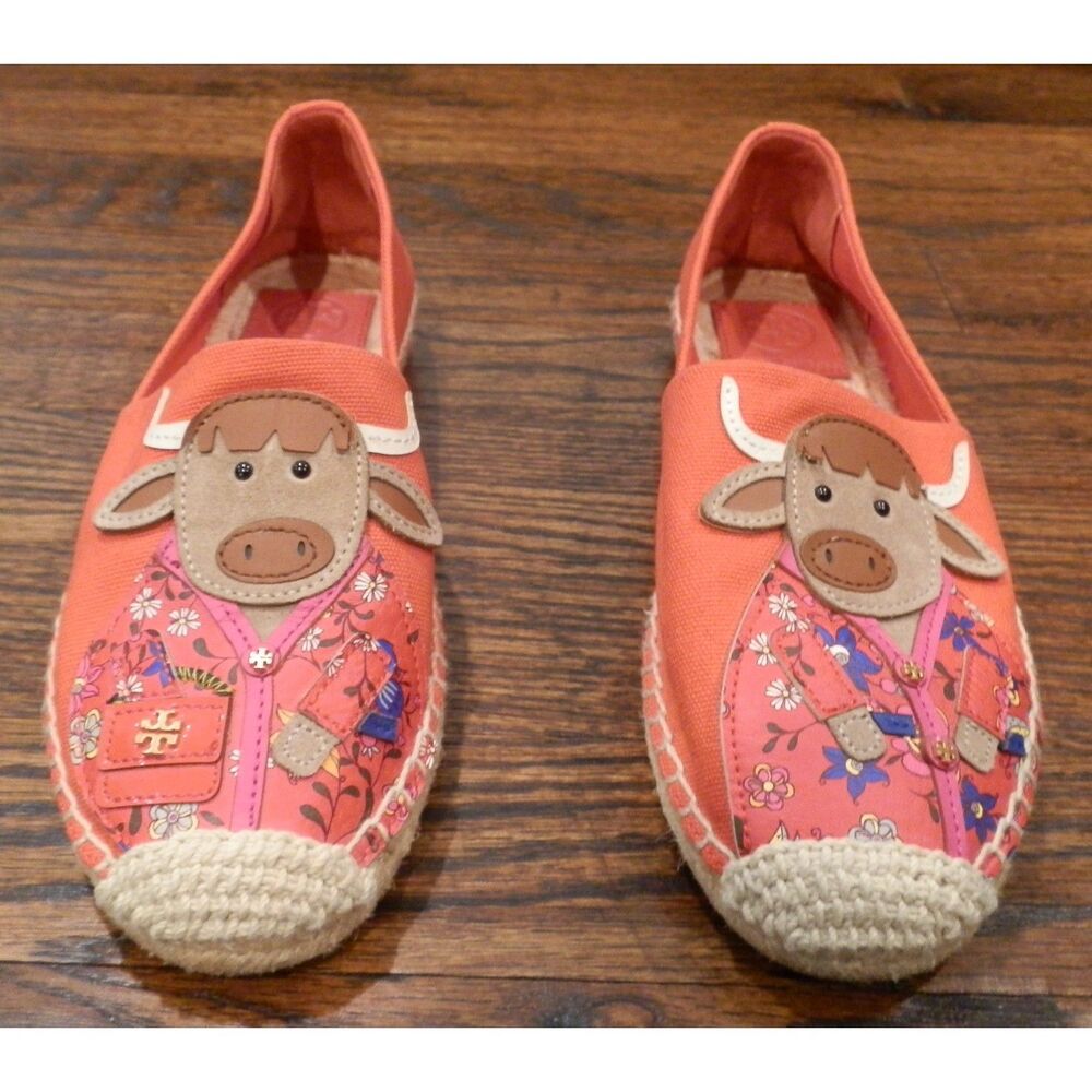 Tory Burch Chinese New Year Ox Espadrilles Orange Shoes Slippers Flats Size 6.5M